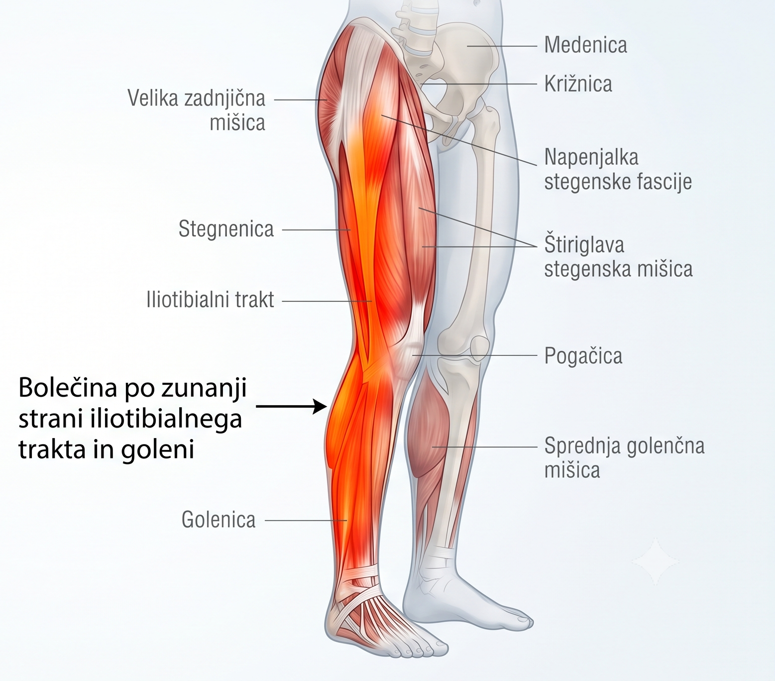 iliotibial trakt bolečina zunanja stran kolka do goleni IT band asimetrija biomehanika